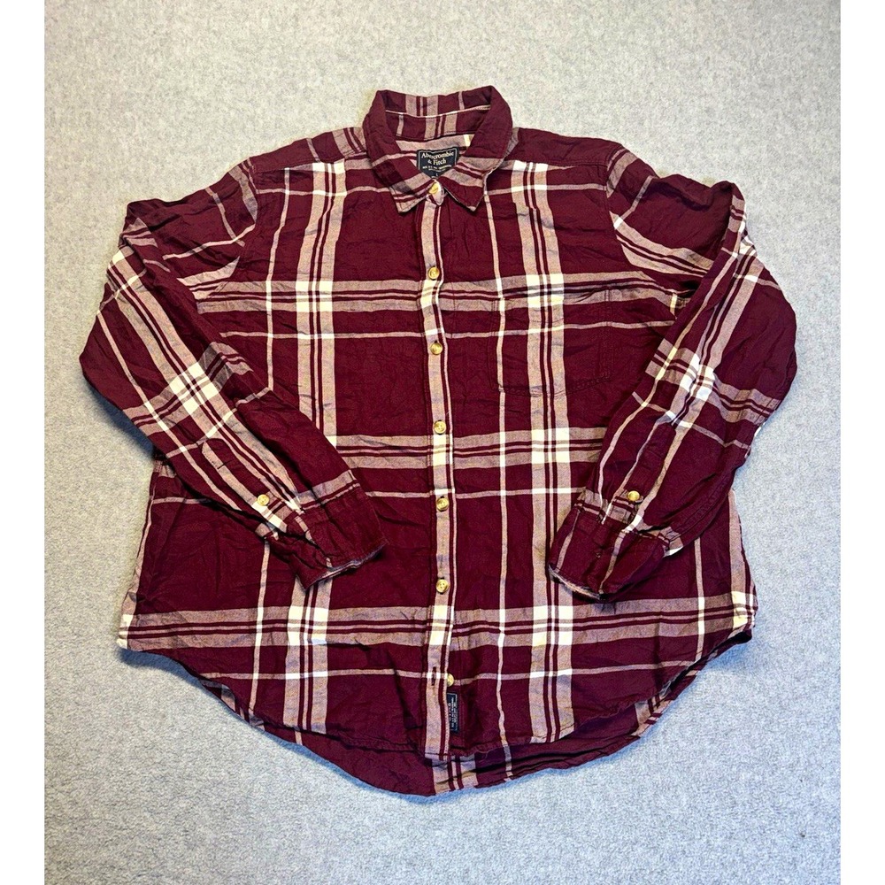 H&M Mens Burgundy White Gray Plaid Flannel Cotton Long Sleeve Button Up L